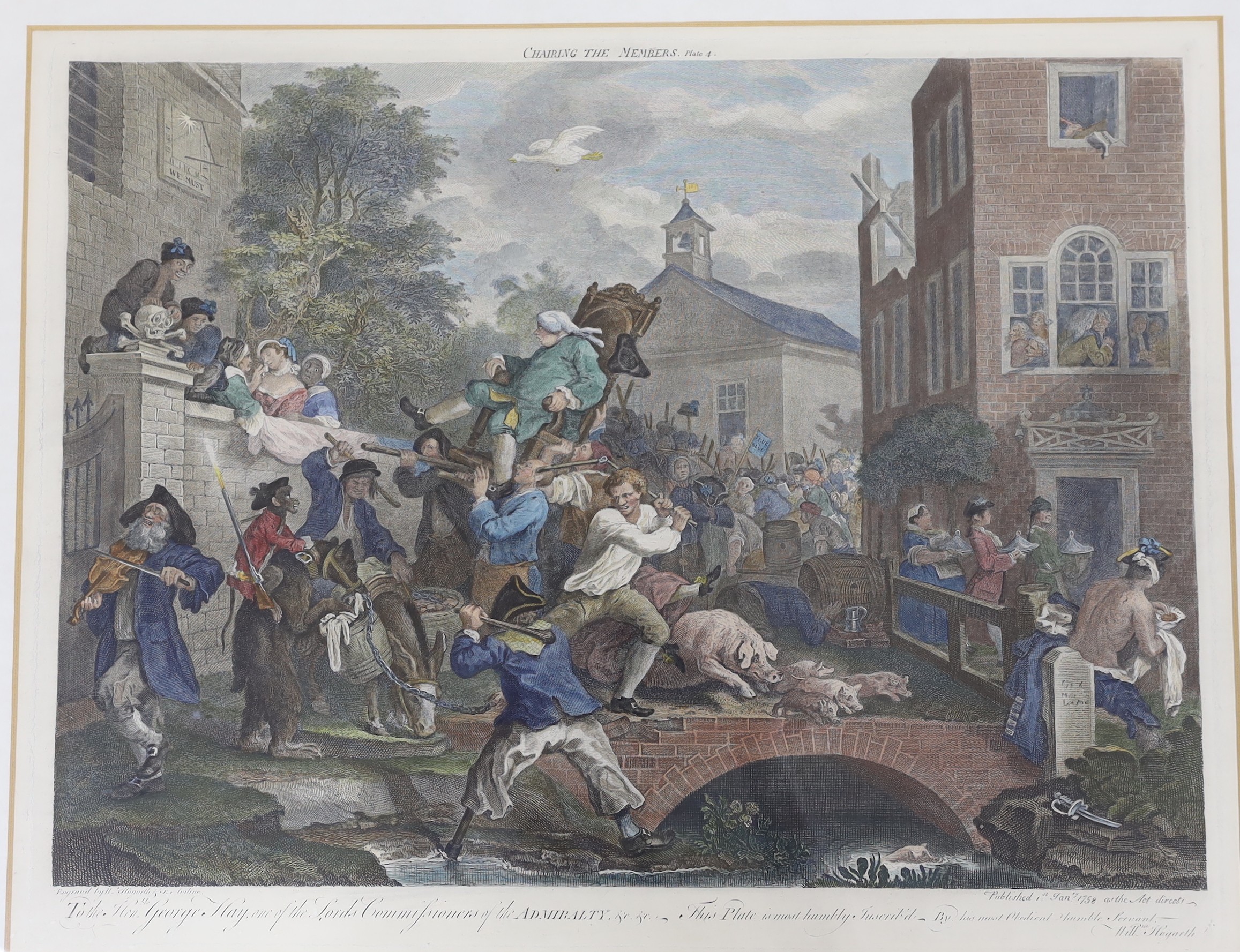 After William Hogarth, set of four hand coloured engravings, 'The Election Series', visible sheet, 46 x 58cm